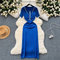 Women's Clothing new design color matching short sleeves Polo collar slim fit knitted hip skirt