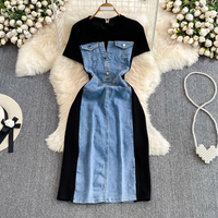 Clothing ladylike temperament short sleeved round neck waist slimming denim splicing line dress casual T shirt skirt