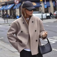 Women's Clothing double breasted solid color woolen coat jacket casual temperament British style all match tops