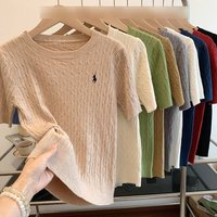 Soft Cable Knit Top Short Sleeve Embroidered Pony Design Breathable Cotton Yarn Retro Versatile Spring Summer T Shirt