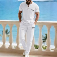 Premium Henley Neck Summer Set SU Letter Graphic Short Sleeve & Pants Outfit AAA