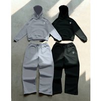 Hooded Sweatshirt Wide leg Sweatpants Set Embroidered Pocket Design Long Sleeve Casual Polyester