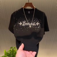 Starry Sky Rhinestone Round Neck Short Sleeve T Shirt Versatile Letter Print Solid Fashion Top