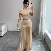 Clothing 2025 Summer Solid Off Shoulder Top Waist Cinching Pleated Patchwork Skirt Two Piece Set
