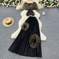 Women's Clothing Two Piece Suit For Women With Slim Waist Short Sleeved Pleated Top With Flowers High Waist Pleated Skirt