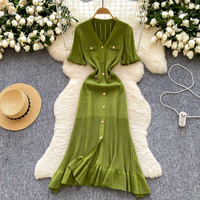 French-Inspired Elegant Knit Dress – V-Neck Long Sleeve Flounce Hem Dress (4 Colors, One-Size, Wrinkle-Resistant)