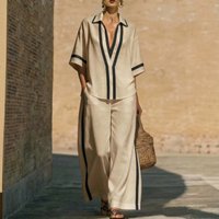 3D Contrast Stripe Casual Lounge Set Relaxed Fit Short Sleeve Top Wide Leg Pants Black White Pink Khaki Light Blue