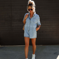 Women's Clothing Street Lapel Short Sleeved Shorts Denim Jumpsuit