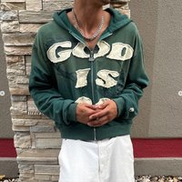 Men's Clothing Personality Street Letter Patch Embroidered Hoodie High Street Trend Zipper Loose Sweatshirt