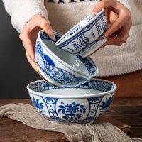 Blue & Ceramic Ramen Bowl Hand Painted Underglaze Soup Noodle Bowl Elevated Base 