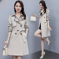 Elegant Trench Coat Plaid Long Coat Lining Line Fit Belted Waist Plus Available 