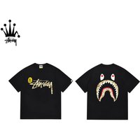 Stussy&Ape Collaboration Front Logo, Back Shark Print, Pure Cotton Short Sleeved T-shirt, Unisex