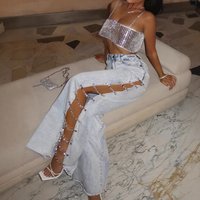 Diamond Embellished Wide Leg Jeans – Sexy Side Cutout Relaxed Mid Rise Fit Long Flowy Silhouette 