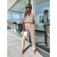 Women's New V-neck Short Sleeve Copper Tube Decorative Belt Jumpsuit Nine-point Pants