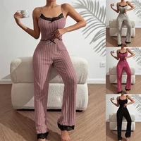 Spring Summer Sleepwear Pajamas Tank Tops Tee Trouser 2 Piece Set Loose Home Wear Suit Nightwear Pyjamas