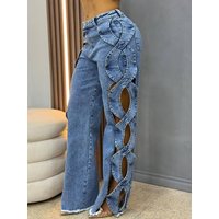 Clothing High Waisted Wide Leg Jeans Heavy Duty Rhinestone Cutout Design Stylish Straight Leg Pants
