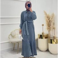 Solid Zippered Waist Muslim Denim Dress