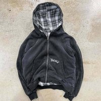 Y2k Reversible Zip Up Hoodie – Embroidered Lettering & Checkered Print 