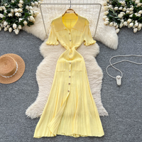 Women's Clothing Simple Design Lapel Knitted Dress Slim Fit Single Breasted Royal Sister Temperament Long Skirt
