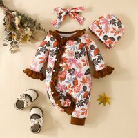 Mother & flower trumpet sleeve long leg romper hat headscarf lace jumpsuit casual romper