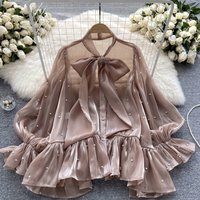 Clothing Niche design sense beaded bow horn sleeve shirt Celebrity style shirt