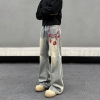 Men's Vintage Washed Yellow Mud Flared Jeans - Loose Fit High Street Denim Pants With Embroidery
