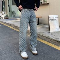 Clothing autumn jacquard full print high street fashion brand design jeans loose straight washed wide leg trousers