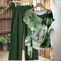 Round Neck Printed Short Sleeve Knot Top Wide Leg Trousers Set Cross Border Compatible