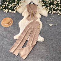 Chic V-Neck Knit Camisole High-Waist Wide-Leg Pant Two-Piece Set Elegant Wide Cuff Trousers Outfit for Women