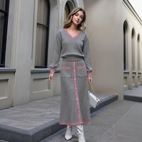 Women's Fashion Color Block V Neck Knit Top With Single Breasted Slim Fit Skirt Spring Autumn Loose Pant Set