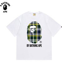 A BATHING APE BAPE-Plaid Monkey Head Letter Print Pure Cotton Short Sleeved Shirt
