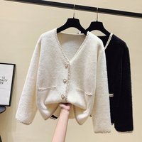 Faux Mink Knit Cardigan Pearl Buttons Oversized V neck Long Sleeve Open Front Sweater Fall Winter