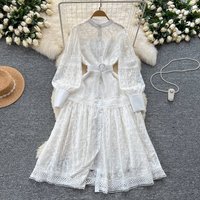 Clothing Palace Style Dress Elegant Embroidery Lantern Sleeve Waist Single Breasted Long Skirt