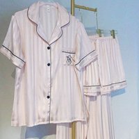 Victorias Secret Style Ice Silk Pajamas Set Summer Short Sleeve Long Pants Three Piece Includes Striped Cardigan Loungewear Or Outerwear