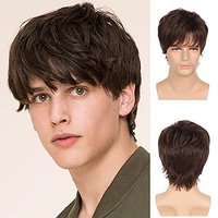 Xuchang European and American men’s short straight hair brown wig fluffy wig long bangs men’s chemical fiber headgear Men wigs