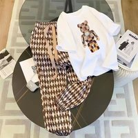 Suit for women summer new cartoon plaid bear diamond pattern T-shirt women's pants two-piece set fashionable casual sportswear