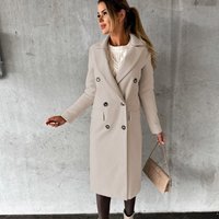  Long Sleeve Double Breasted Trench Coat Lapel Collar Slim Fit Outerwear Fall Winter Solid Elegant Jacket