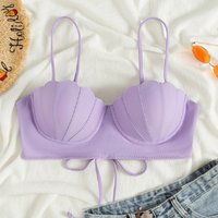 Clothing Solid Shell Steel Support Gathered Beach Swimsuit Sexy Bikini Top