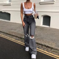 Clothing High Waist Retro Elastic Slim Fit Knee Ripped Flare Pants