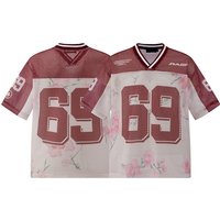 Vintage American Football Jersey Tee – Mesh-Backed V-Neck With Contrast Letter Print – Retro Sportswear Short Sleeve Top (M-XL)