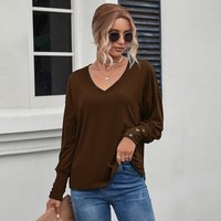loose casual V neck solid autumn winter long sleeve T shirt top