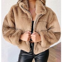  Faux Fur Zip Up Jacket – Cozy Winter Coat Stand Collar Oversized Fleece Outerwear Fall & Winter 