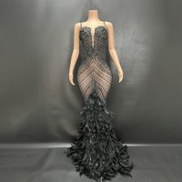 Women's Clothing Black Rhinestone Feather Dress Mesh Red Evening Dress Elegant Dress