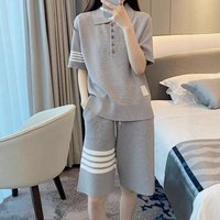 Clothing Two Piece Sportswear Set Korean Style Waffle Print Striped Polo Shirt Shorts Casual Outfit