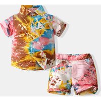 Mother & Kids European and American style boy gentleman tie-dye suit summer short-sleeved colorful shirt Hawaiian beach style shorts suit