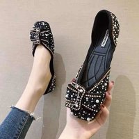 Korean Version 2024 Spring Pearl Rhinest Shallow Square Toe Single Shoes Versatile Flat soled Temperament Net Celebrity Female Shoes Trend