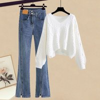 Clothing Knitted Sweater & Jeans Two Piece Set Plus Autumn Knitted Sweater & Ripped Jeans Two Piece Set – Soft Style Slimming Outfit