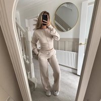  Casual Zip Up Tracksuit Set – Solid Hoodie & Straight Leg Pants 