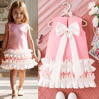 Jumping Forest 26 Girls Bow Dress Double Layered Ruffles Back Sweet Summer Outfit Cross Border Foreign Trade for Kids (3-7Y)