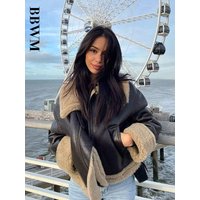 2022 Winter Coat Double Sided Short Jacket Vintage Long Sleeve Fleece Warm Outerwear Female Fashion Streetwear
